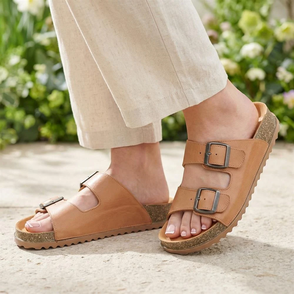Leather Dual Buckle Fastening Sandals - METIN43022 / 329 635 - Tan Leather - Image 2