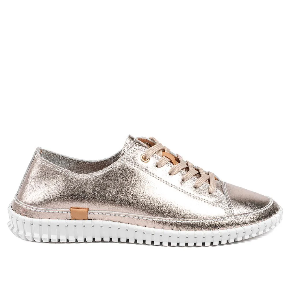 Leather Flexible Lightweight Lace Up Trainers - BRK43031 / 328 944 - Champagne - Image 2