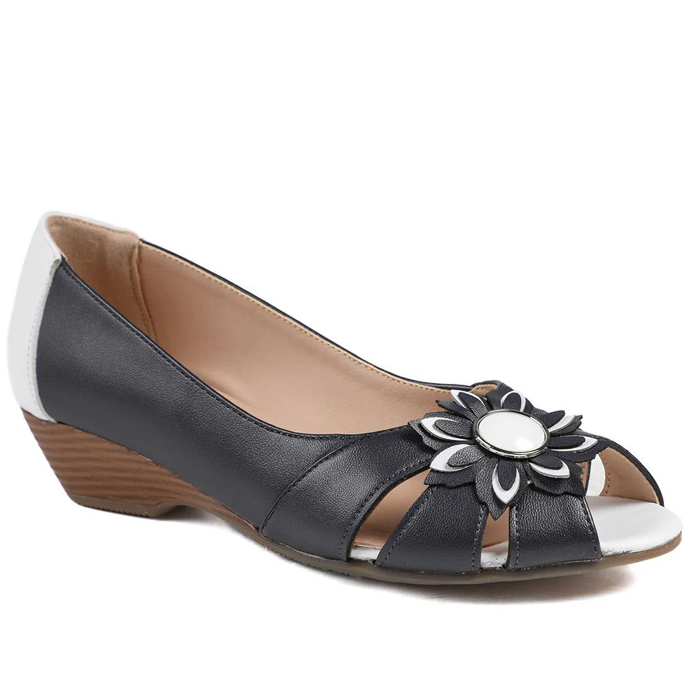 Leather Flower Detail Peep Toe Wedge Pumps - WLIG43000 / 328 886 - Image 2