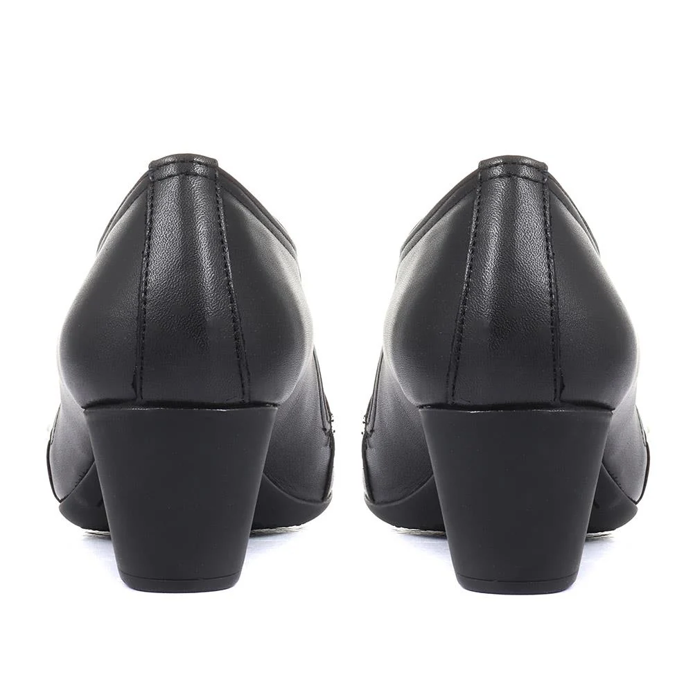 Smart Block Heel Leather Slip On Shoes - ESFA34003 / 320 440 - Black - Image 3