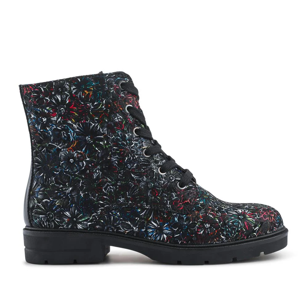 Leather Lace-Up Boots With Inside Zip - DDIN42004 / 328 316 - Black Floral - Image 2