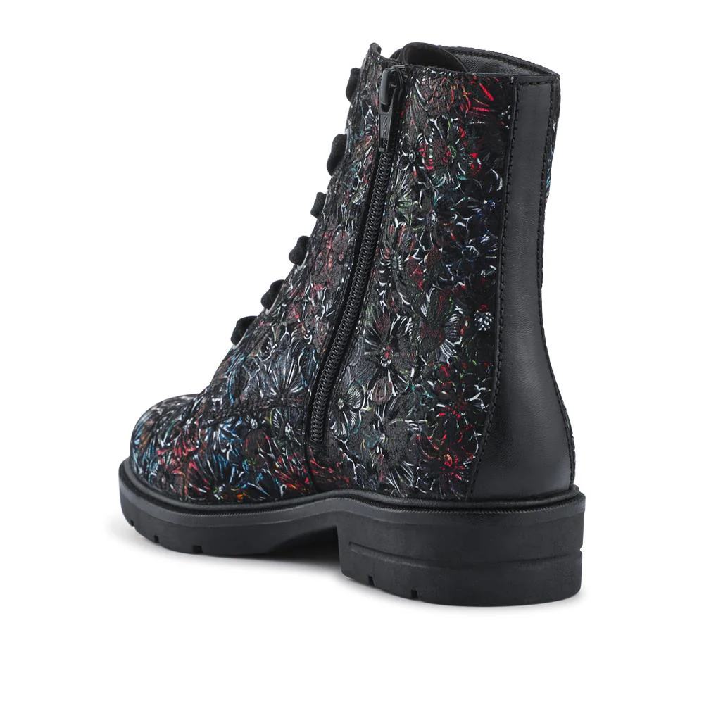 Leather Lace-Up Boots With Inside Zip - DDIN42004 / 328 316 - Black Floral - Image 3