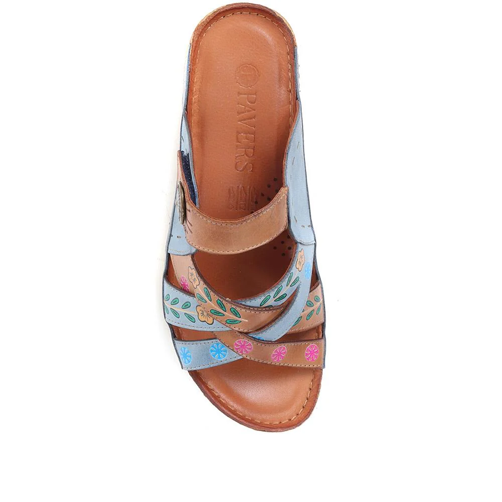 Leather Mule Sandals - KARY37015 / 323 771 - Denim-Tan - Image 4