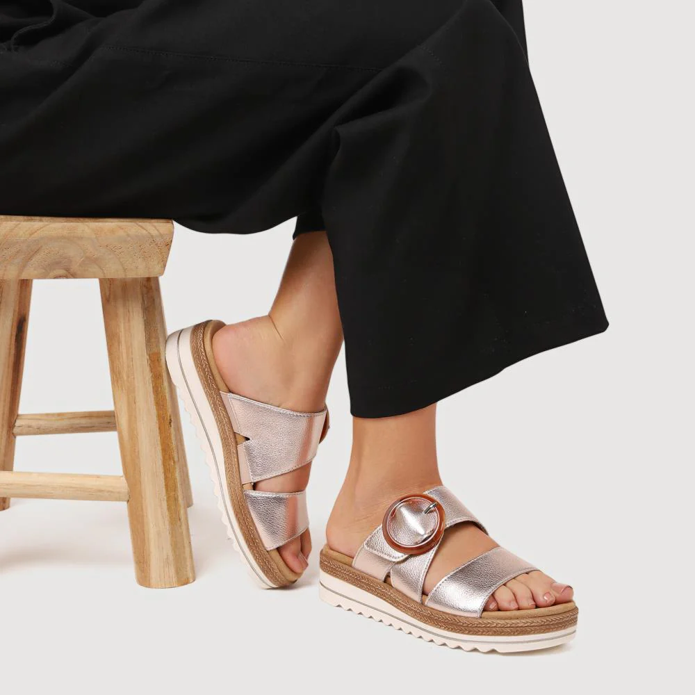 Leather Mule Wedge Sandals - DRS37502 / 323 579 - Metallic - Image 5