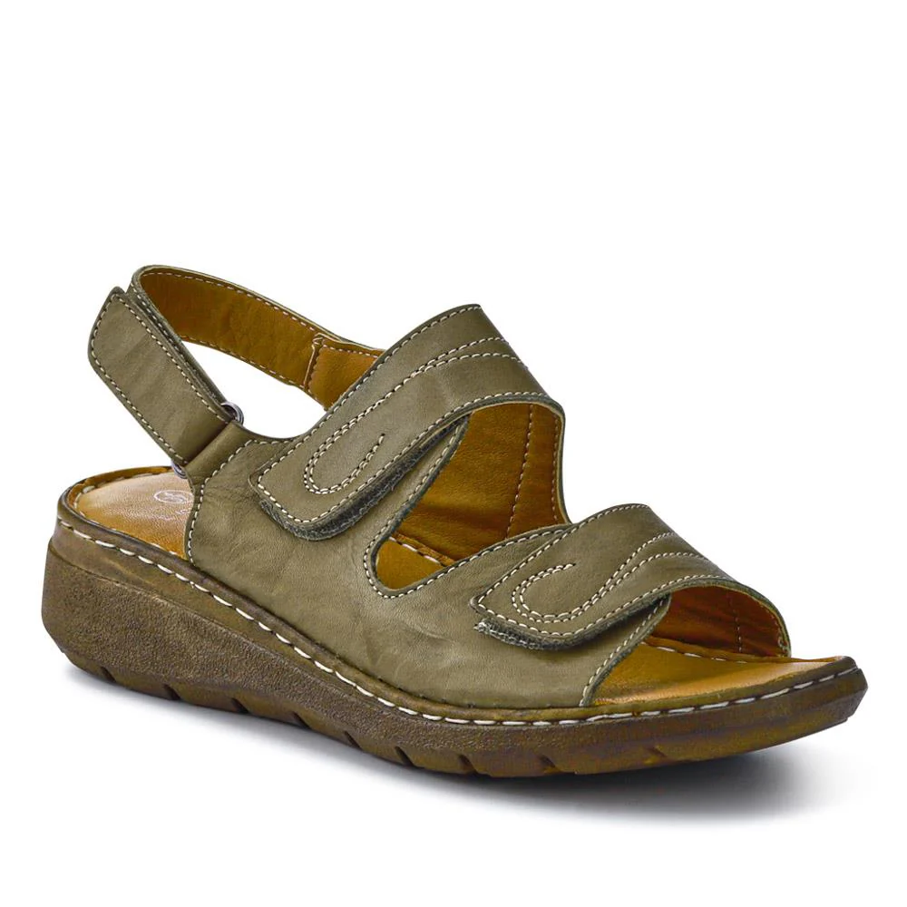Leather Multi-Touch-Fasten Sandals - LUCK41006 / 327 426 - Khaki
