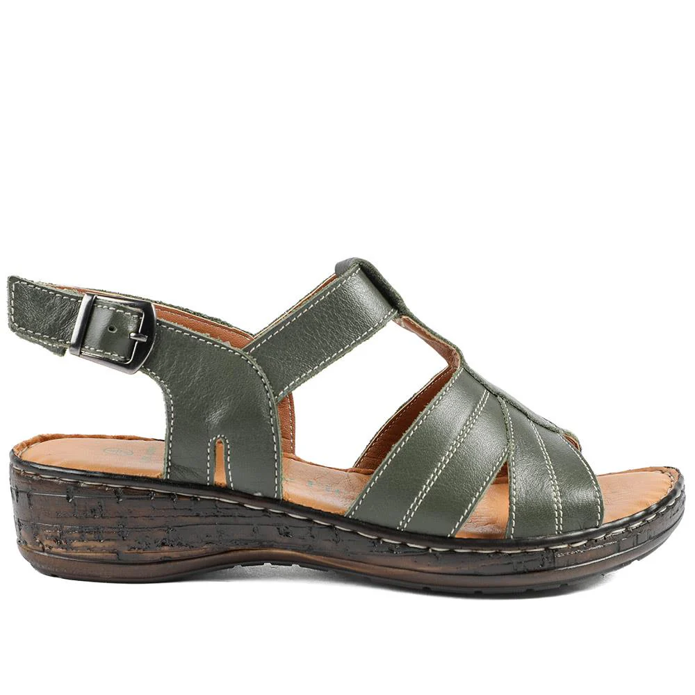 Wide Fit Leather Slingback Sandals - LUCK43008 / 329 407 - Khaki - Image 3