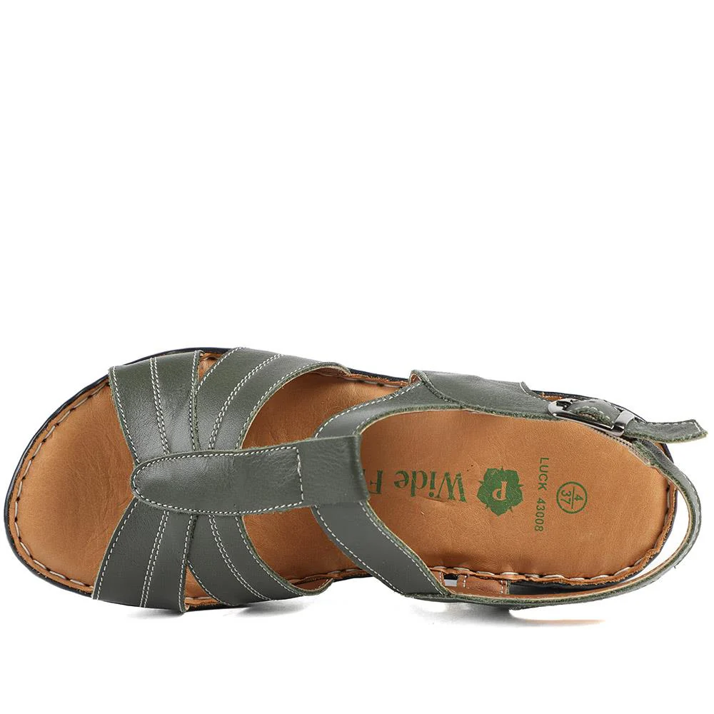 Wide Fit Leather Slingback Sandals - LUCK43008 / 329 407 - Khaki - Image 5