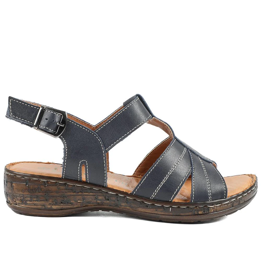 Wide Fit Leather Slingback Sandals - LUCK43008 / 329 407 - Navy - Image 3