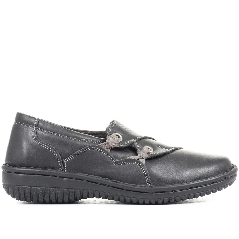 Leather Slip On Shoe with Elastic Loop - HAK23012 / 308 130 - Black - Image 2