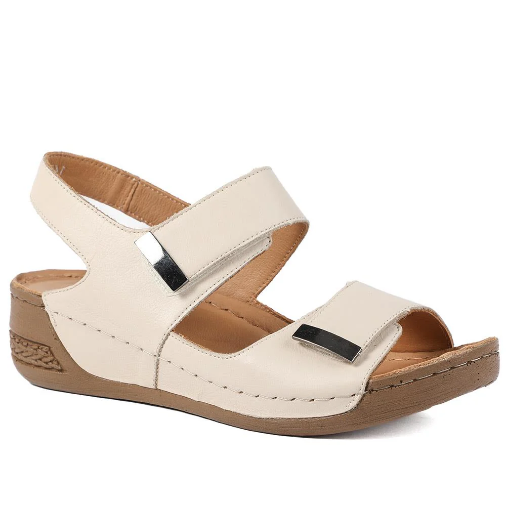 Leather Touch Fasten Wedge Sandals - AS43001 / 329 300 - Beige
