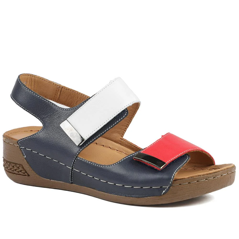 Leather Touch Fasten Wedge Sandals - AS43001 / 329 300 - Navy Multi