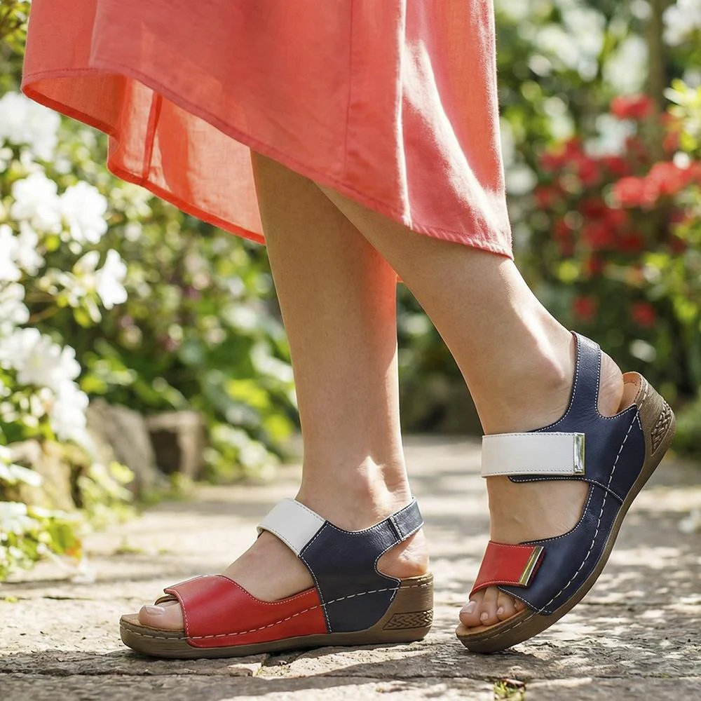Leather Touch Fasten Wedge Sandals - AS43001 / 329 300 - Navy Multi - Image 2