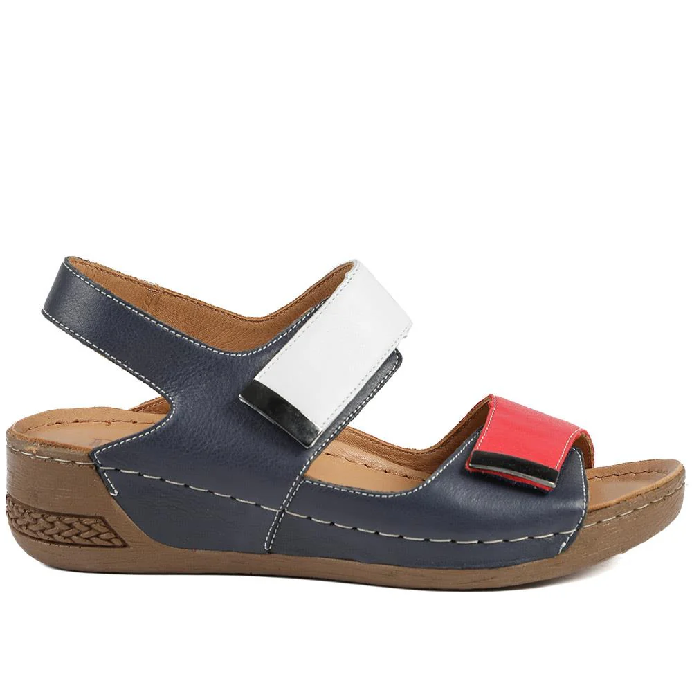 Leather Touch Fasten Wedge Sandals - AS43001 / 329 300 - Navy Multi - Image 3