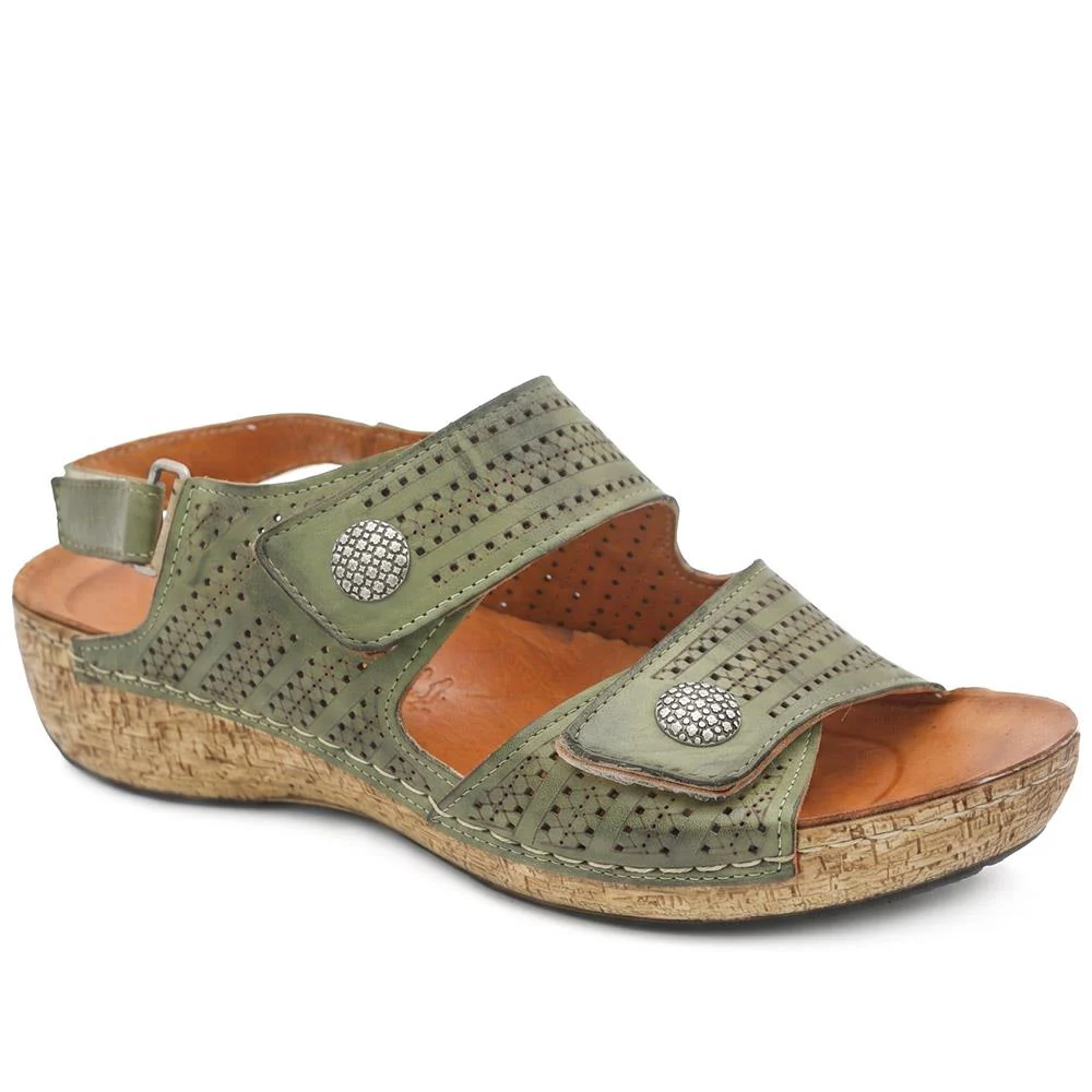Leather Triple Adjustable Strap Sandals - KARY43005 / 329 410 - Khaki