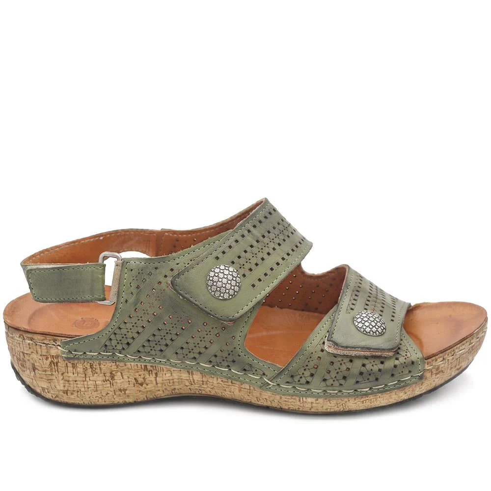 Leather Triple Adjustable Strap Sandals - KARY43005 / 329 410 - Khaki - Image 3