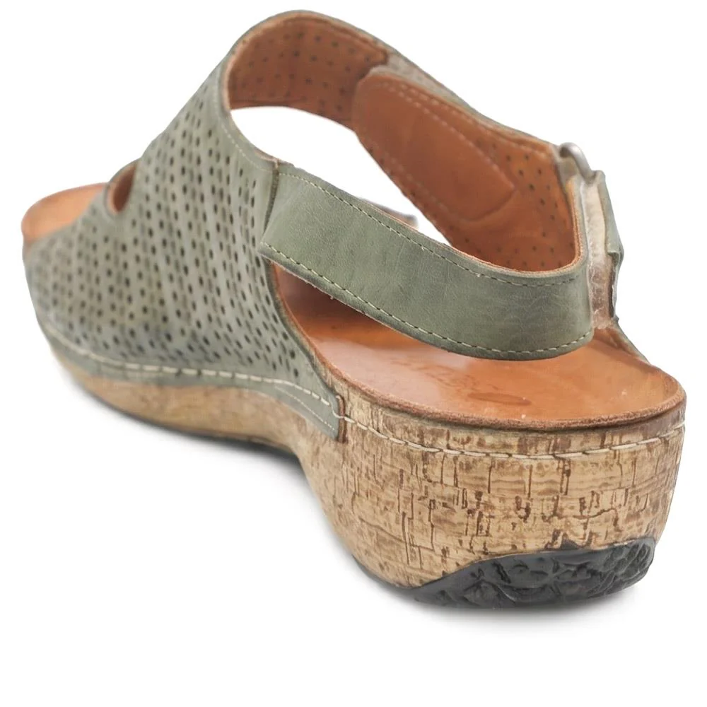 Leather Triple Adjustable Strap Sandals - KARY43005 / 329 410 - Khaki - Image 4