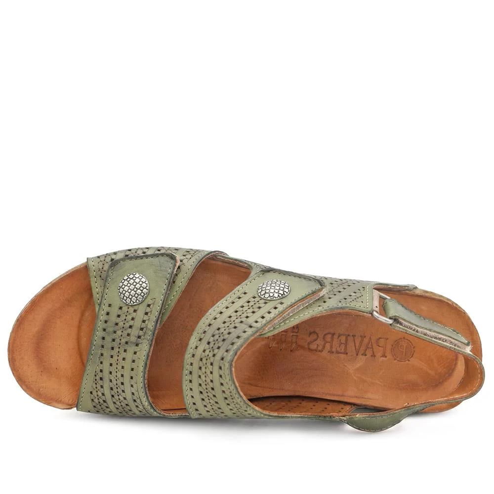 Leather Triple Adjustable Strap Sandals - KARY43005 / 329 410 - Khaki - Image 5