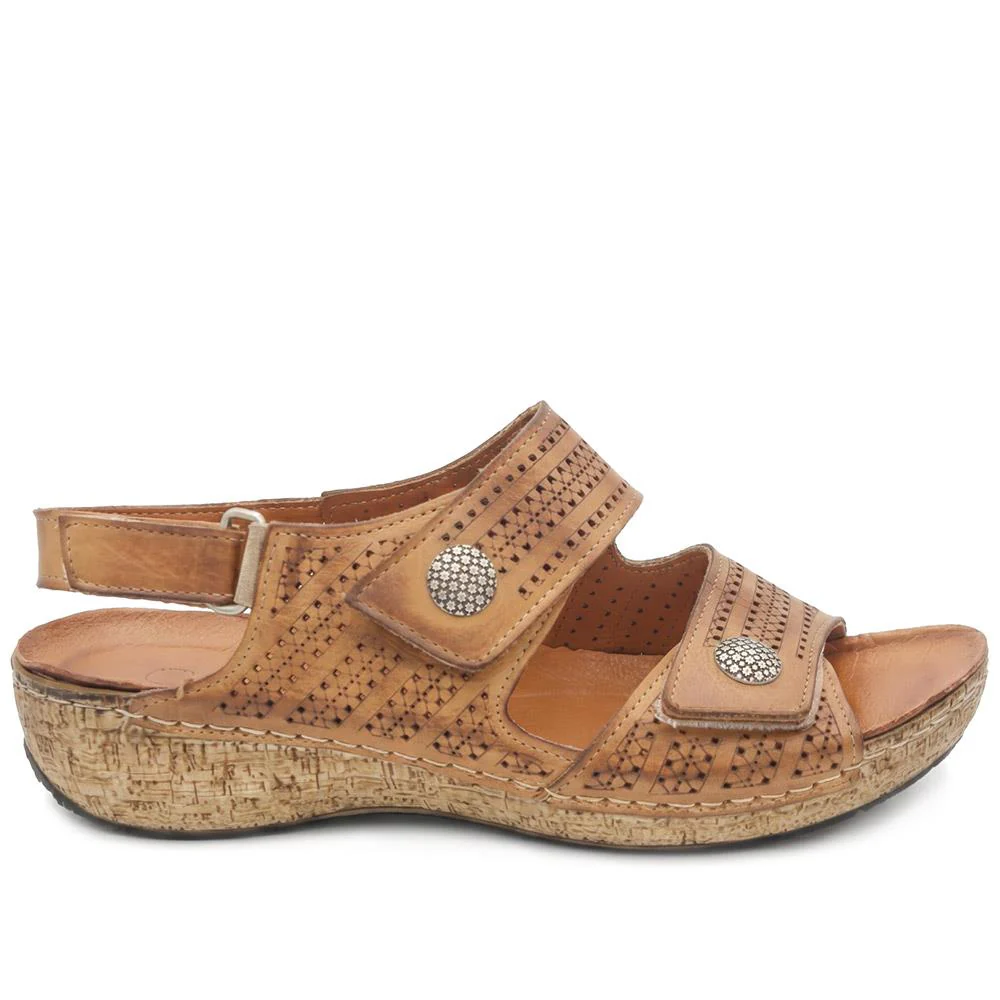 Leather Triple Adjustable Strap Sandals - KARY43005 / 329 410 - Tan - Image 3