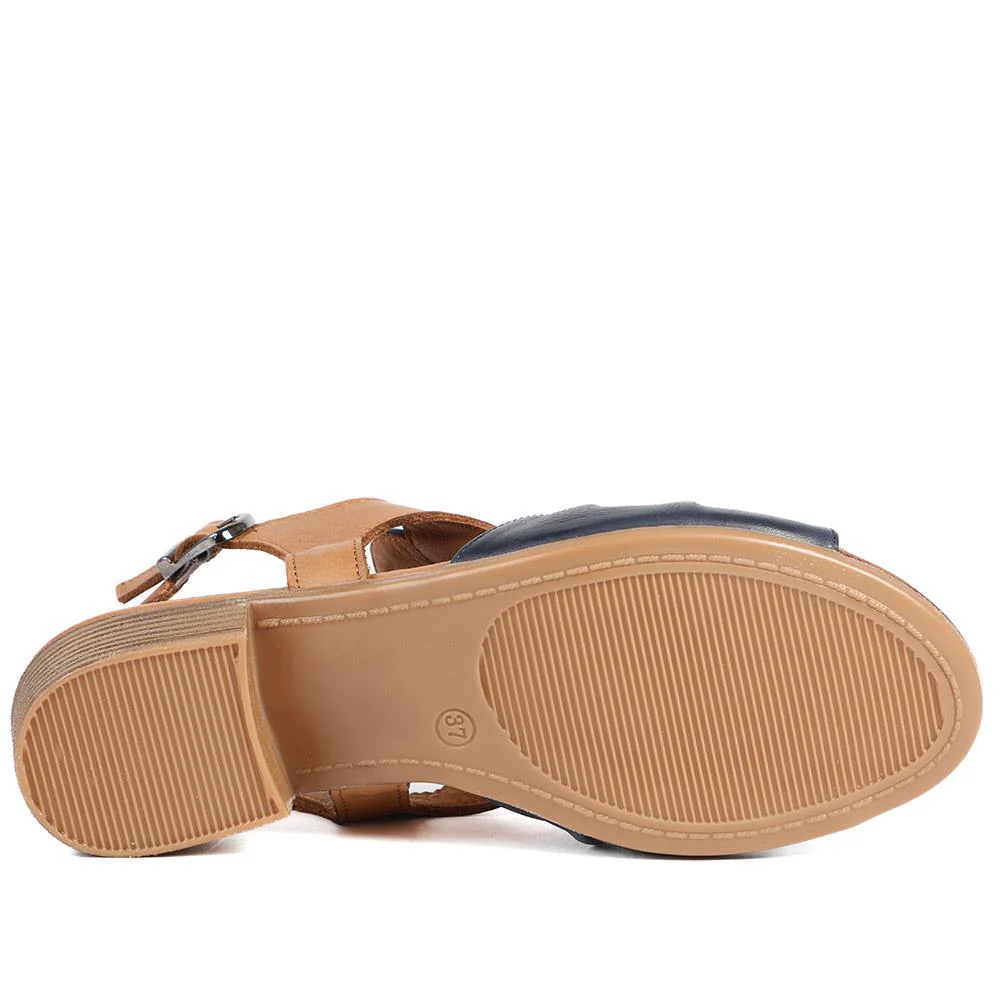 Leather Two Tone Block Heel Sandals - AZURA43007 / 329 125 - Navy Tan - Image 6