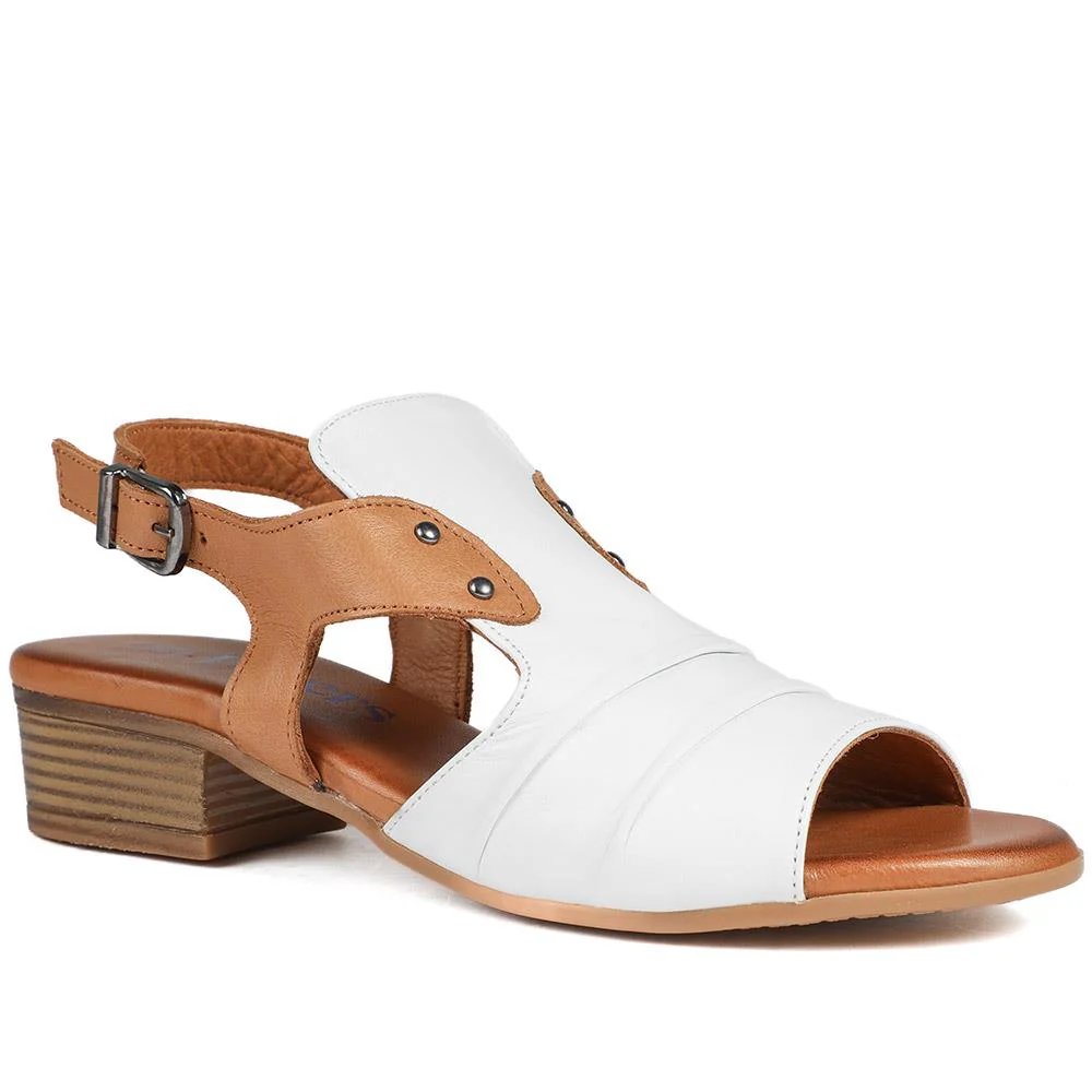Leather Two Tone Block Heel Sandals - AZURA43007 / 329 125 - White-Tan