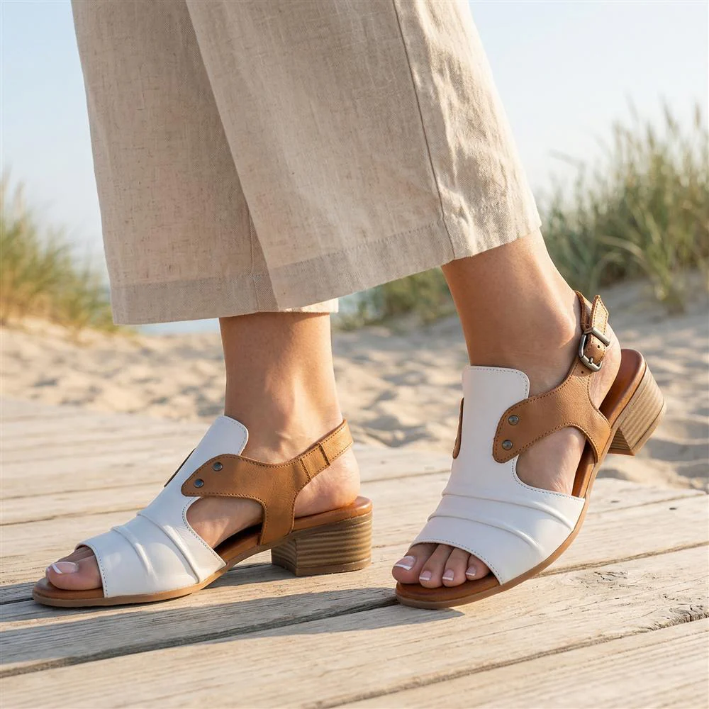 Leather Two Tone Block Heel Sandals - AZURA43007 / 329 125 - White-Tan - Image 2