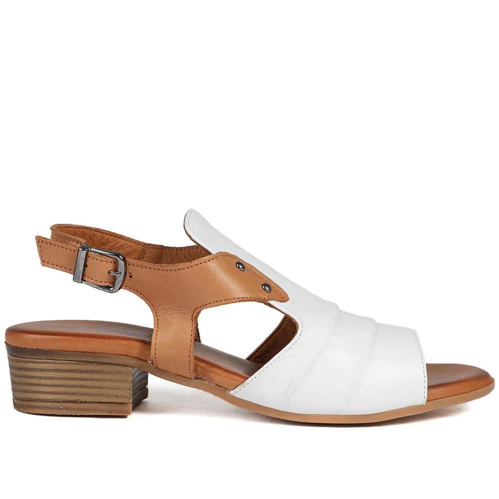 Leather Two Tone Block Heel Sandals - AZURA43007 / 329 125 - White-Tan - Image 3