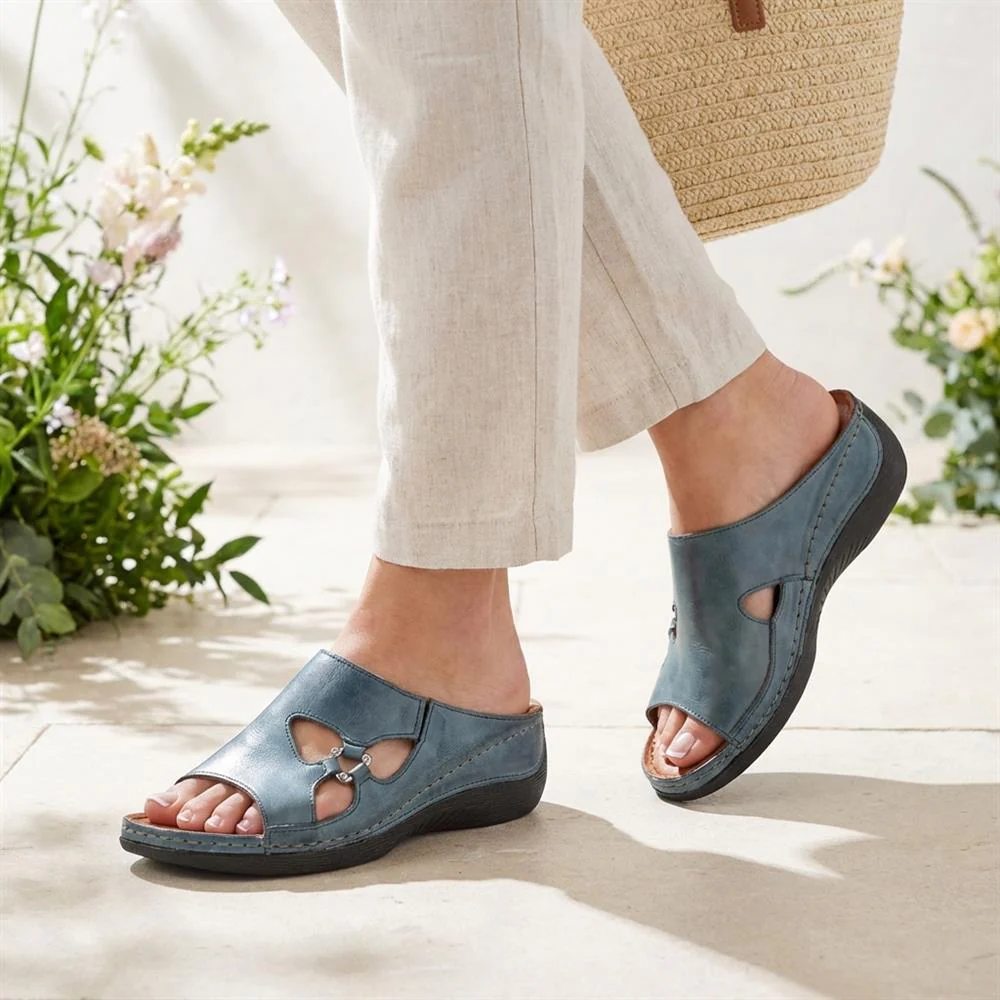 Leather Wedge-Heeled Mules - KARY41002 / 327 473 - Denim - Image 2
