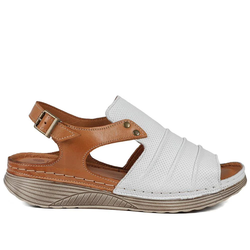 Leather Wedge-Heeled Sandals - VITAS41001 / 327 604 - White-Tan - Image 2