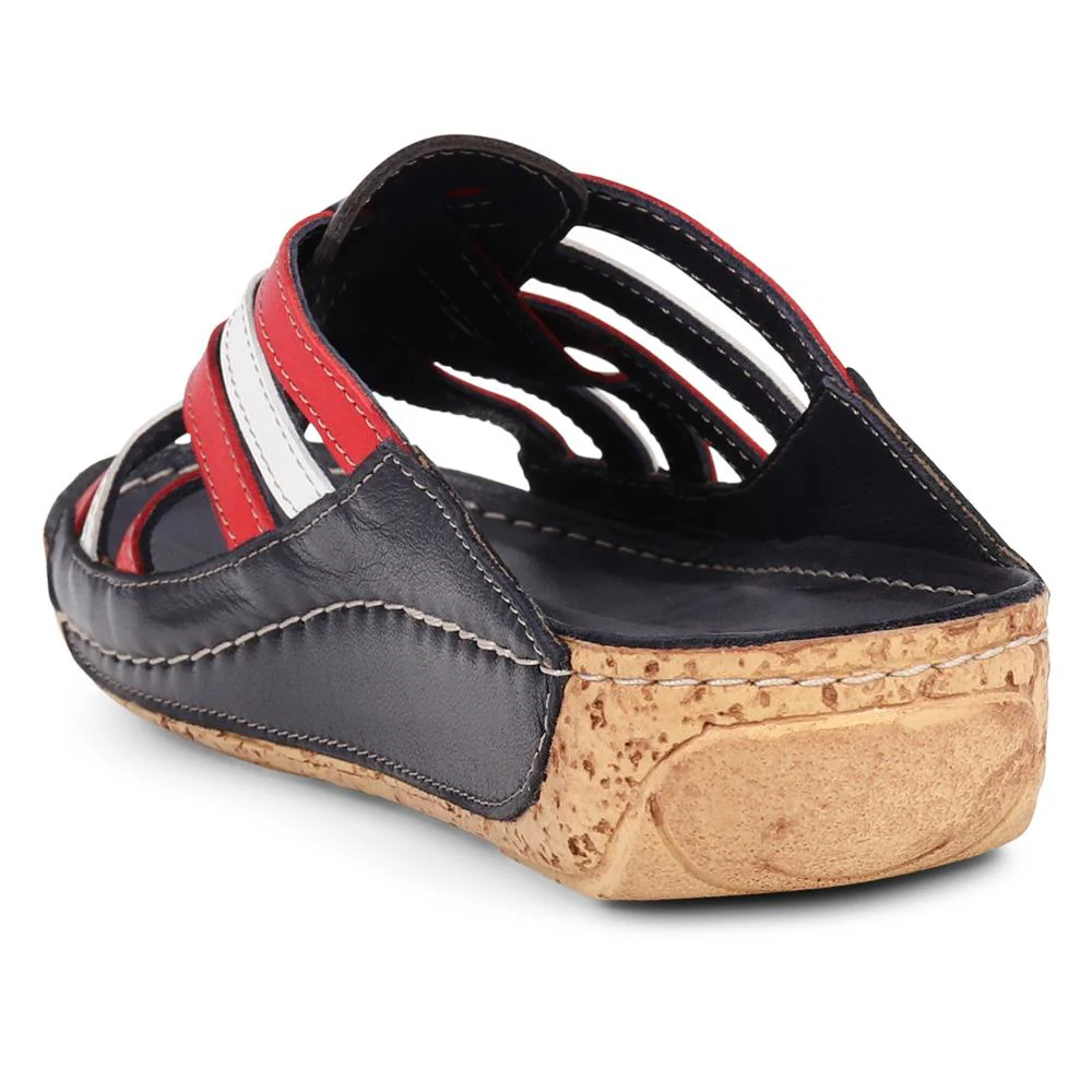 Leather Woven Wedge Mule Sandals - KARY39025 / 325 505 - Navy-Red - Image 3