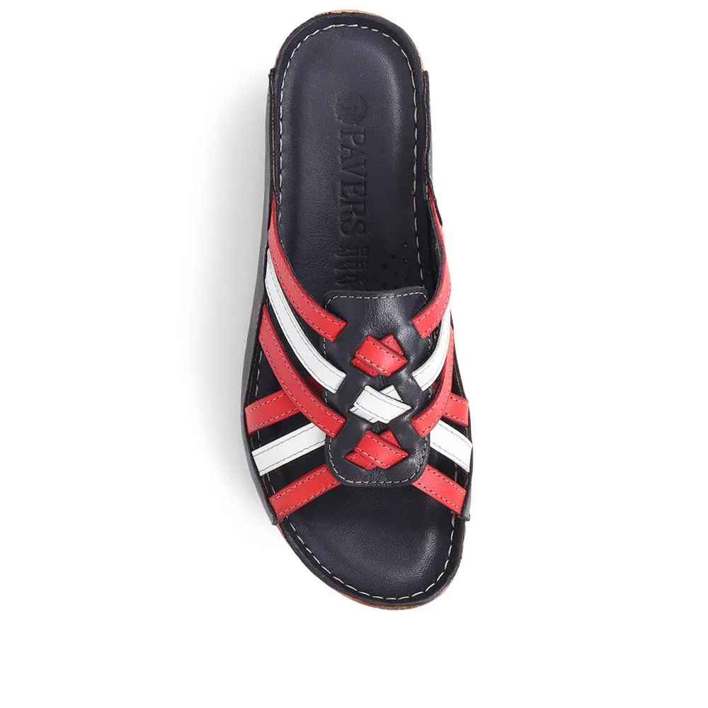 Leather Woven Wedge Mule Sandals - KARY39025 / 325 505 - Navy-Red - Image 5
