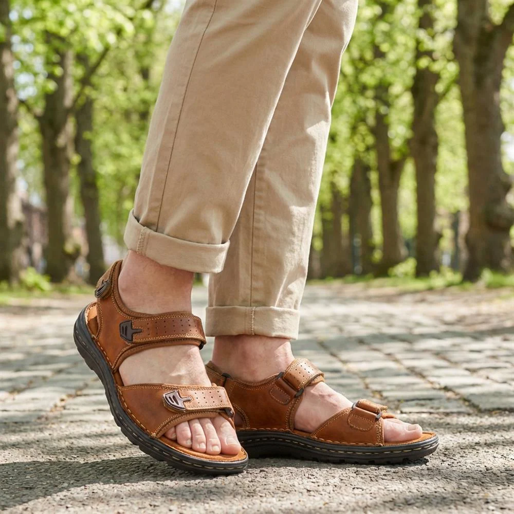 Men's Leather Adjustable Sandals - AATRA41002 / 326 946 - Tan - Image 2