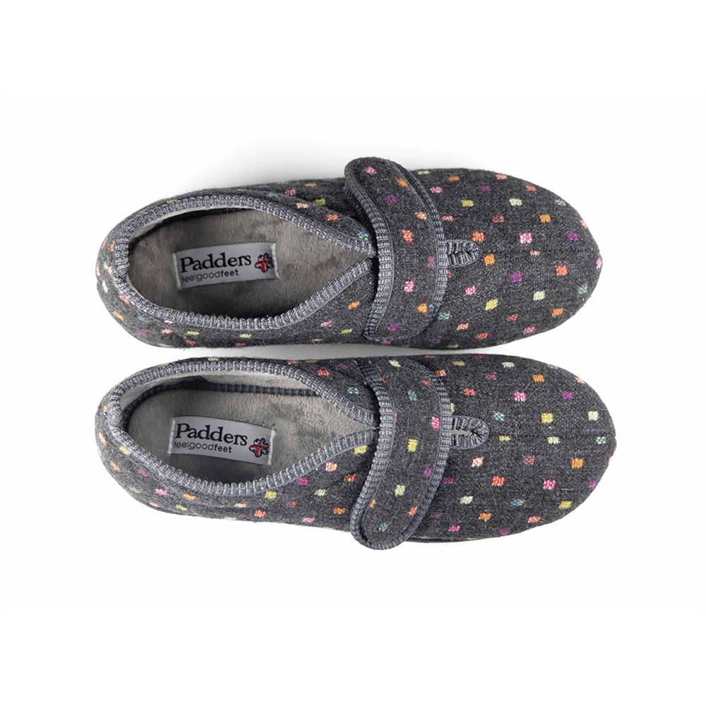 Padders Ladies Slippers 2E Fit Vulcanised - CAMILLA - Camilla / null - CHARCOAL WOVEN SPOT - Image 6