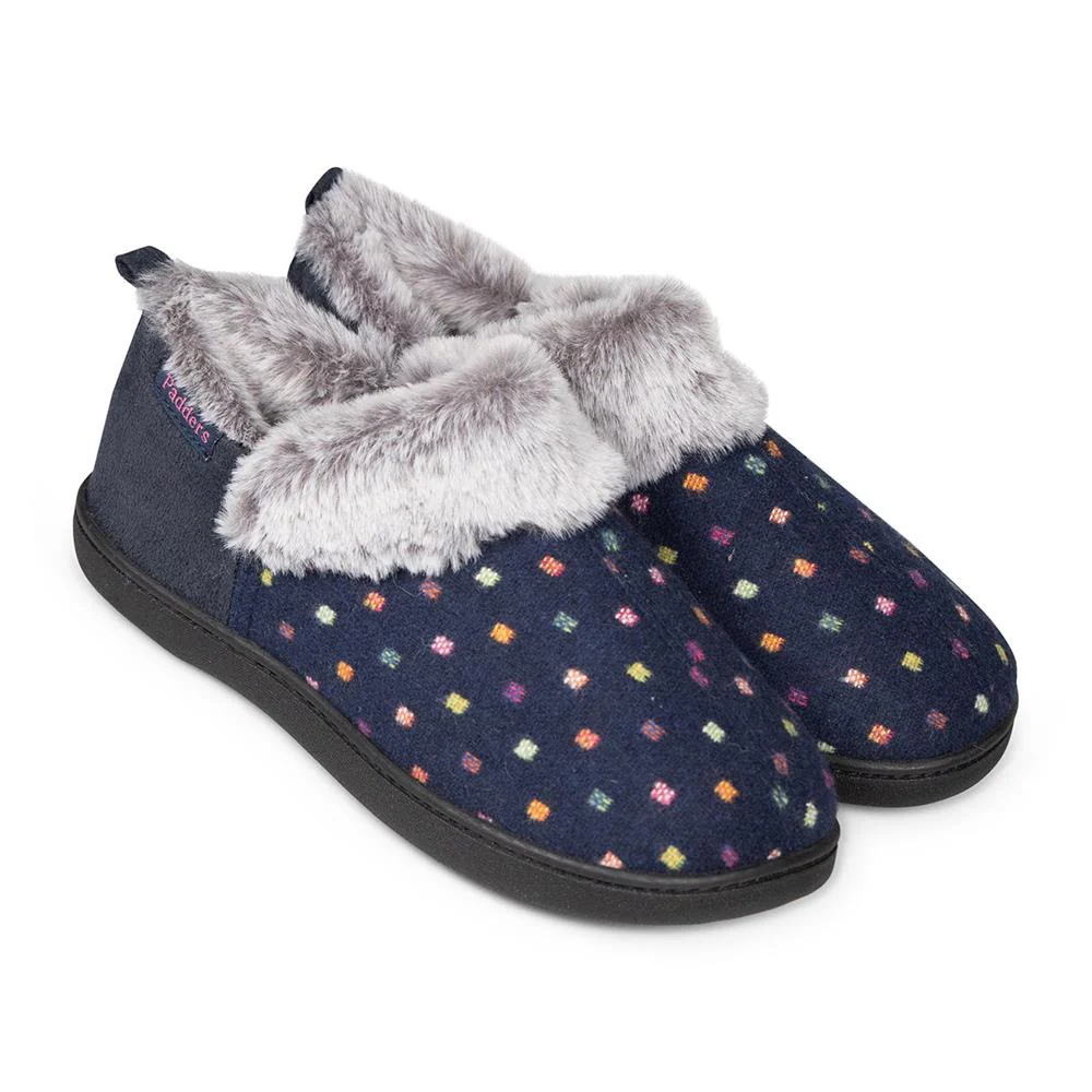 Padders Ladies Slippers 2E Side Stitched Washable - DORA - Dora / null - Navy Woven Spot
