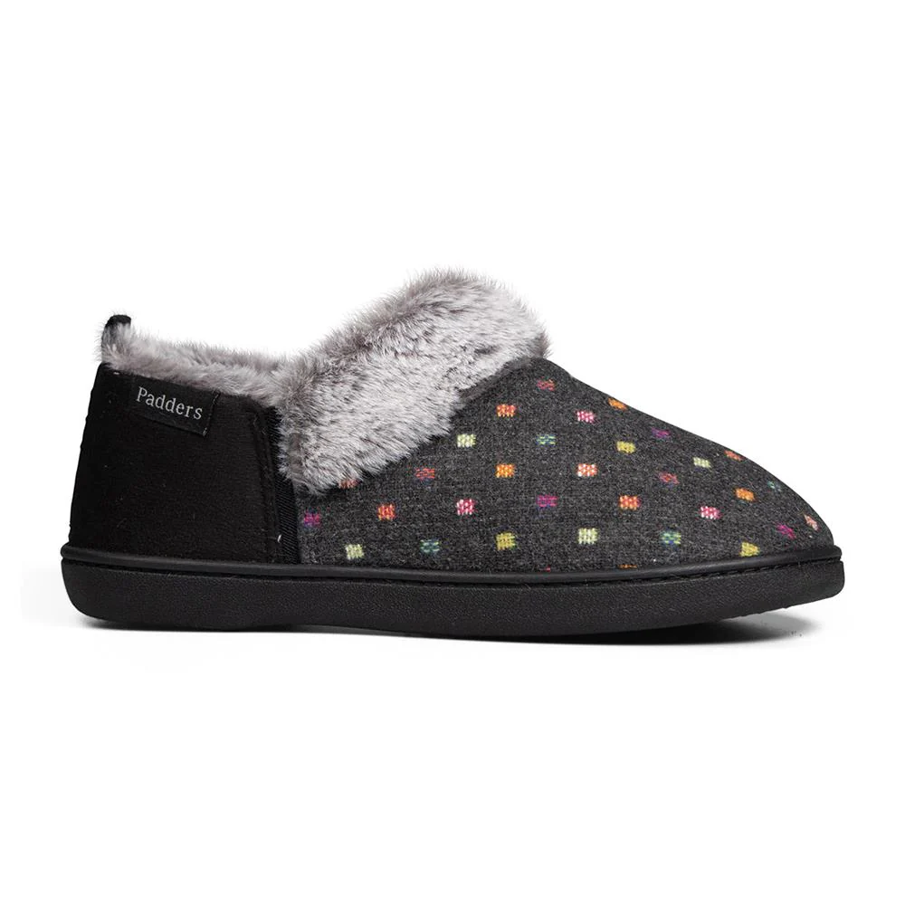 Padders Ladies Slippers 2E Side Stitched Washable - DORA - Dora / null - CHARCOAL WOVEN SPOT - Image 2