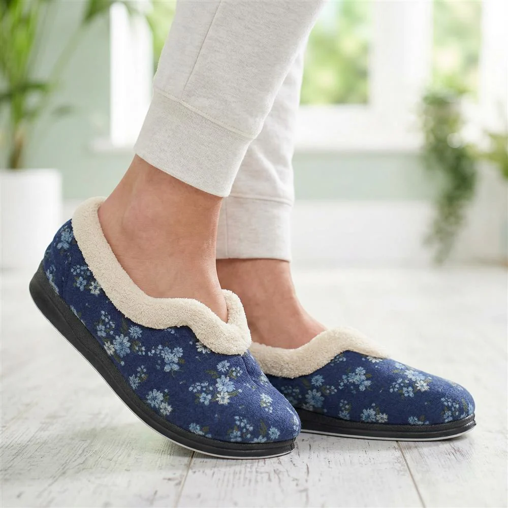 Padders Wide Fit Memory Foam Slippers - PADQING43006 / 329 403 - Navy - Image 2