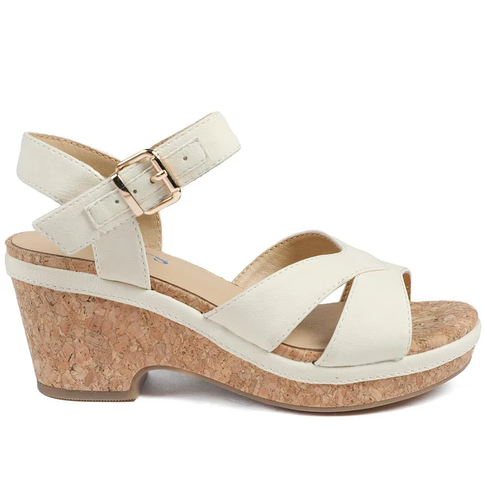 Patterned Cork Wedge Platform Sandals - WBINS43096 / 329 374 - Beige - Image 2