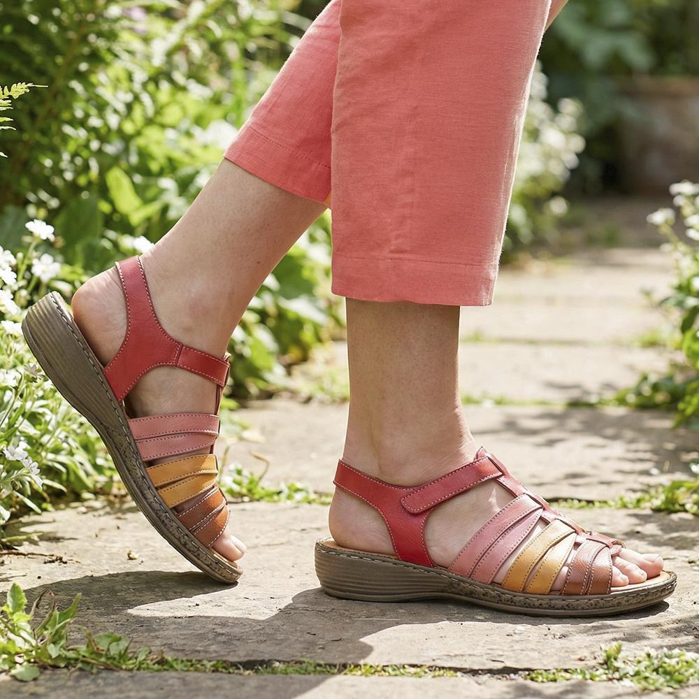 Premium Leather Adjustable Fasten Sandals - LUCK43002 / 329 420 - Red Multi - Image 2