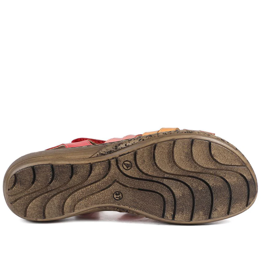 Premium Leather Adjustable Fasten Sandals - LUCK43002 / 329 420 - Red Multi - Image 6