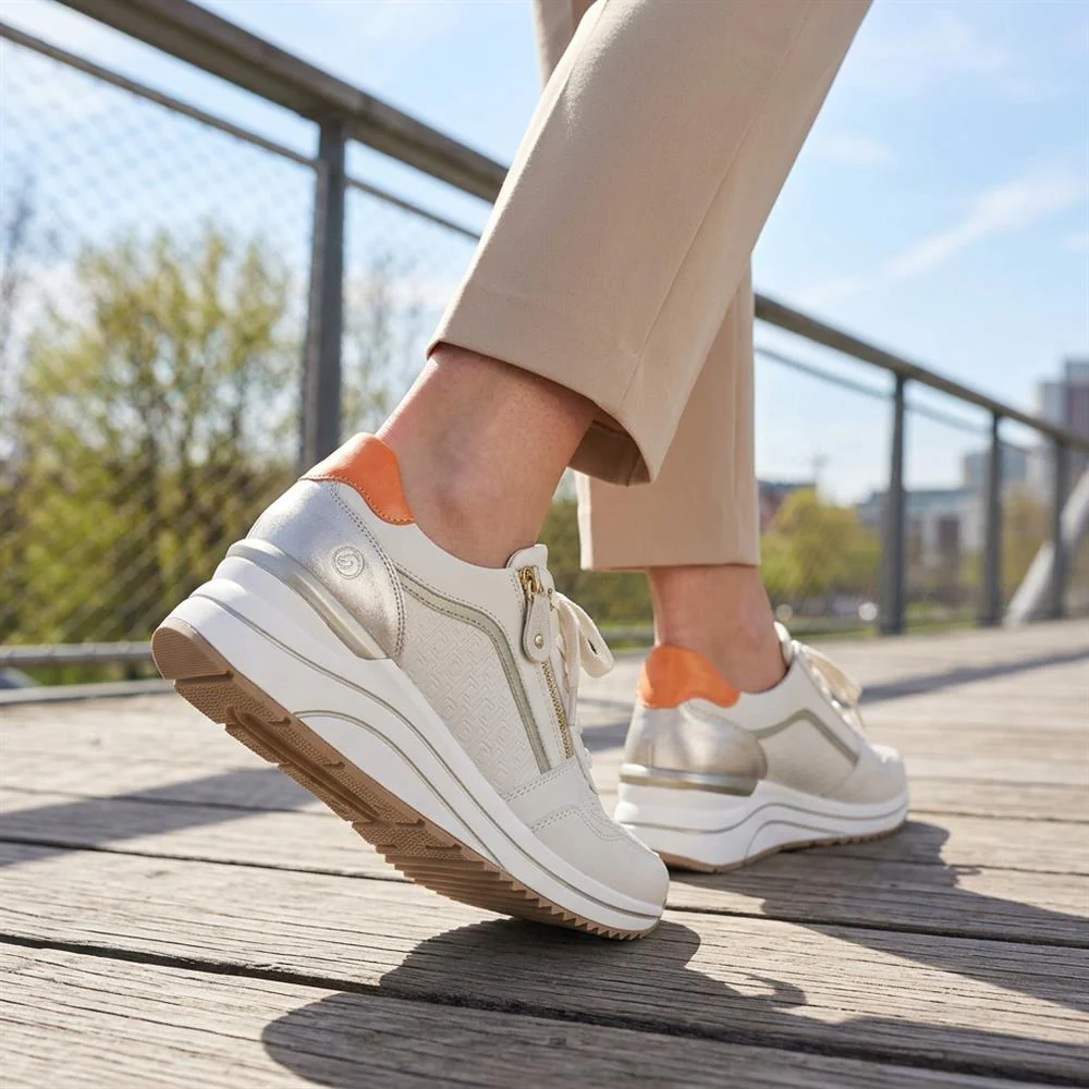 Remonte Cushioned Leather Zip & Lace Trainers - DRS43505 / 328 688 - Cream Multi - Image 2