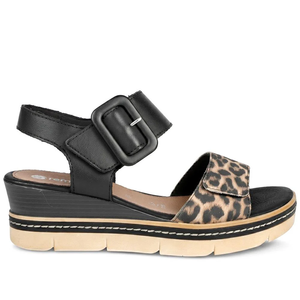 Remonte Dual Fasten Leather Wedge Heel Sandals - DRS43512 / 329 363 - Black-Leopard - Image 2
