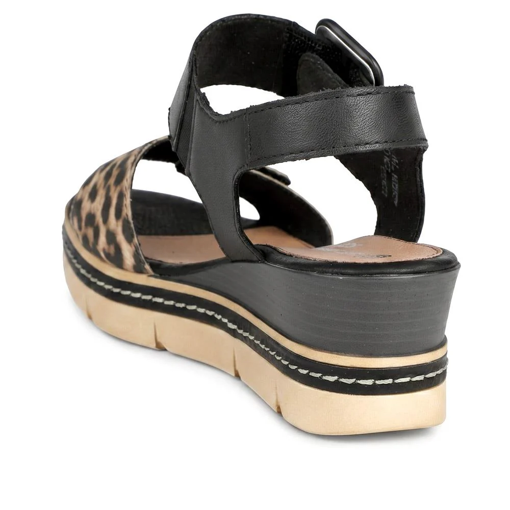 Remonte Dual Fasten Leather Wedge Heel Sandals - DRS43512 / 329 363 - Black-Leopard - Image 3