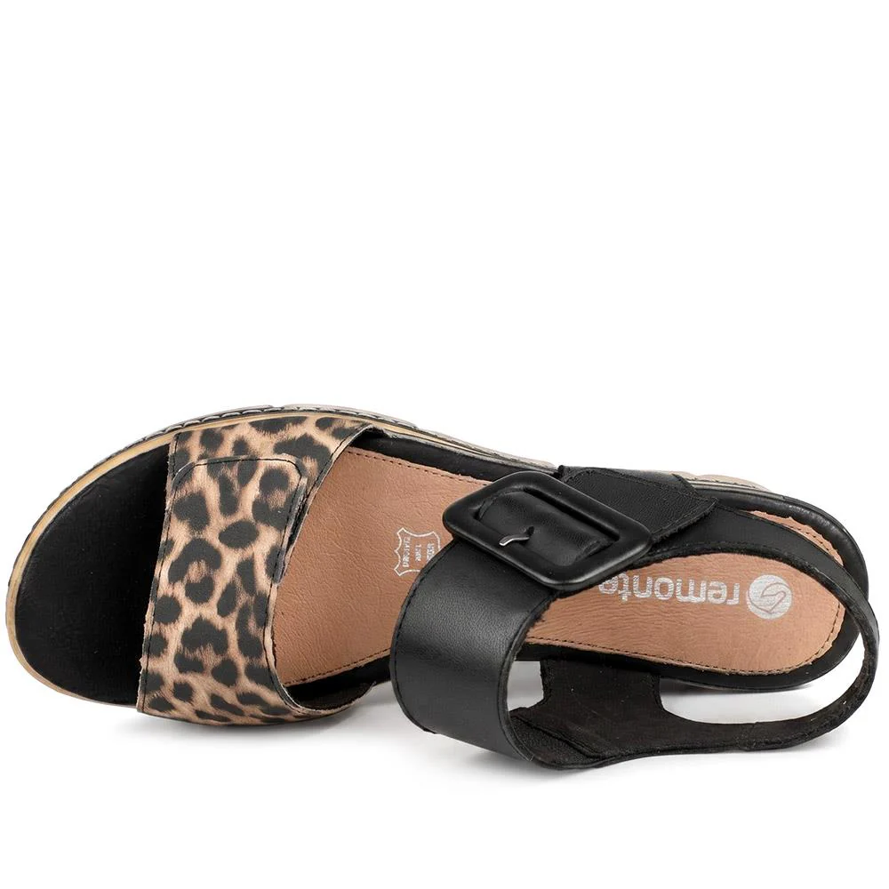 Remonte Dual Fasten Leather Wedge Heel Sandals - DRS43512 / 329 363 - Black-Leopard - Image 4