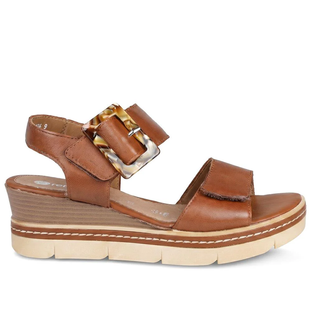 Remonte Dual Fasten Leather Wedge Heel Sandals - DRS43512 / 329 363 - Tan - Image 2