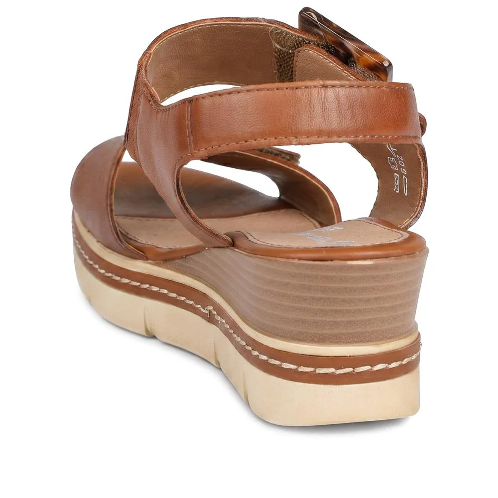 Remonte Dual Fasten Leather Wedge Heel Sandals - DRS43512 / 329 363 - Tan - Image 3