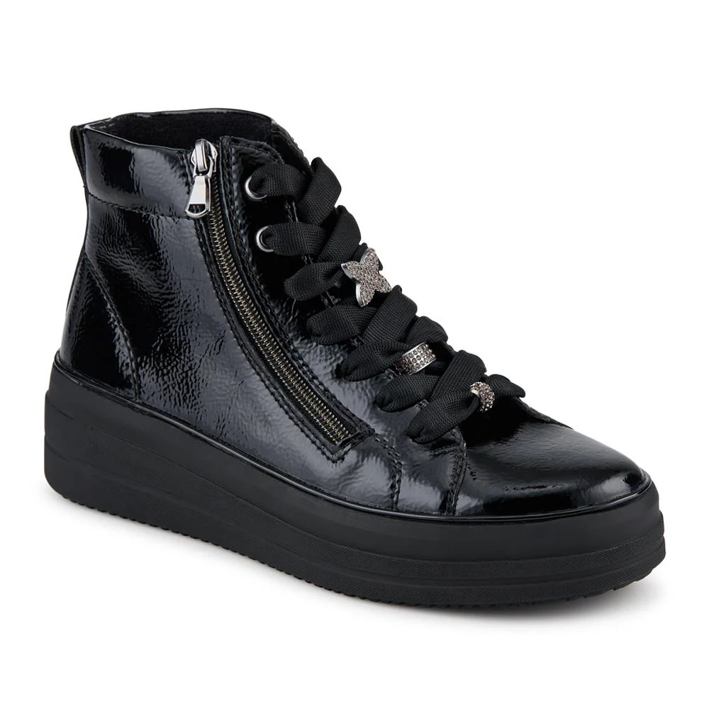 Remonte Leather Zip & Lace Hi-Top Trainers - DRS42506 / 327 737 - Black Patent