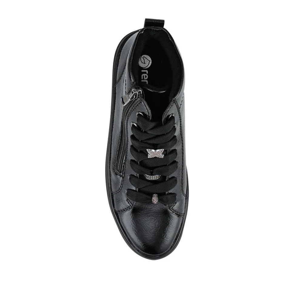 Remonte Leather Zip & Lace Hi-Top Trainers - DRS42506 / 327 737 - Black Patent - Image 4