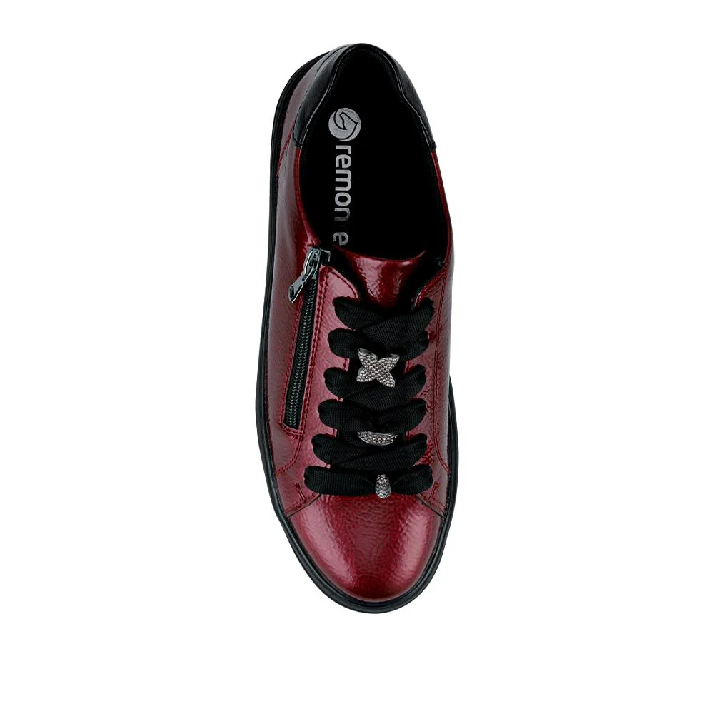 Remonte Leather Zip & Lace Trainers - DRS42505 / 327 736 - Burgundy Patent - Image 4