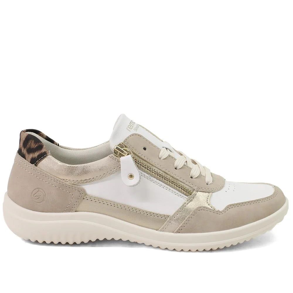 Remonte Shower Resistant Leather Zipped Trainers - DRS43509 / 328 689 - Beige Multi - Image 3