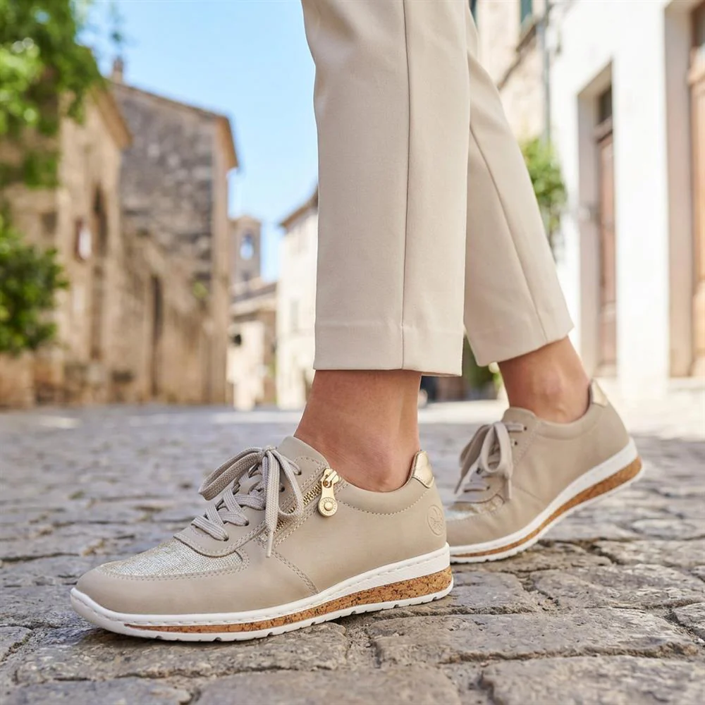 Rieker Casual Leather Zip & Lace Trainers - RKR43005 / 328 904 - Beige - Image 2