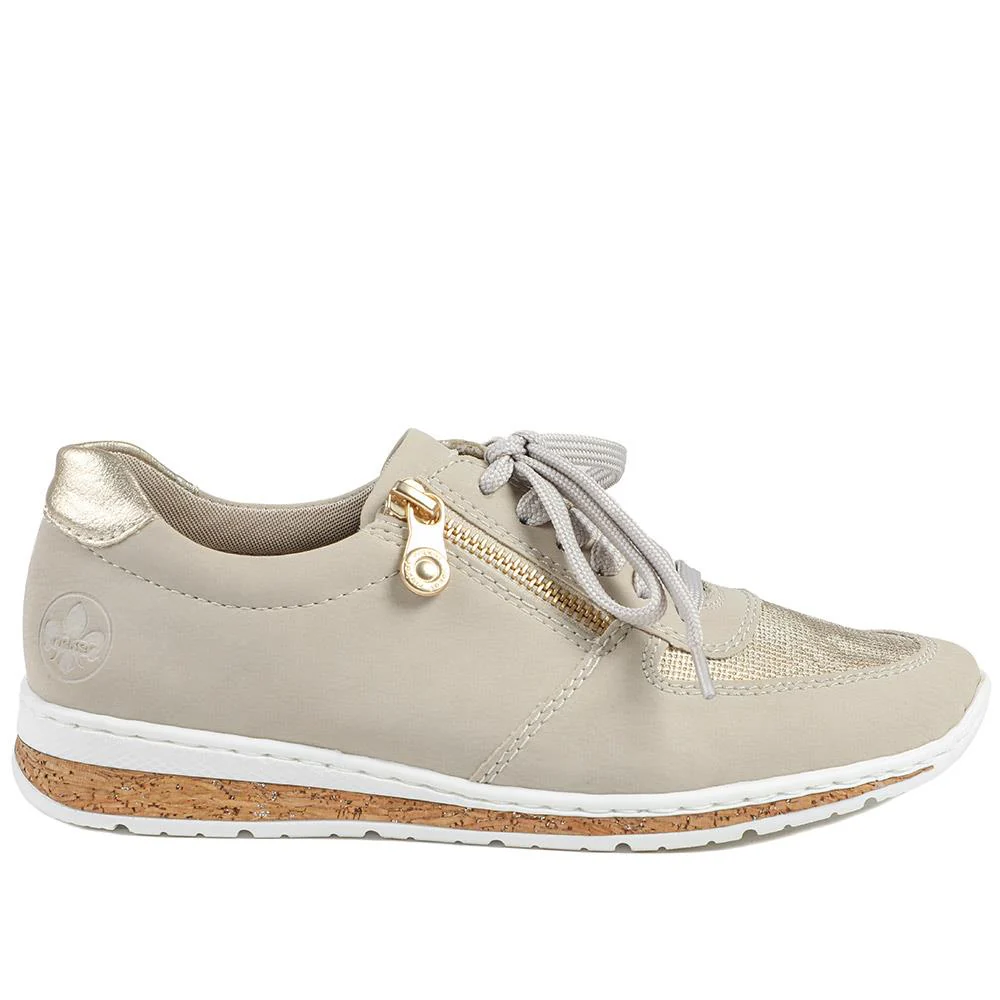 Rieker Casual Leather Zip & Lace Trainers - RKR43005 / 328 904 - Beige - Image 3